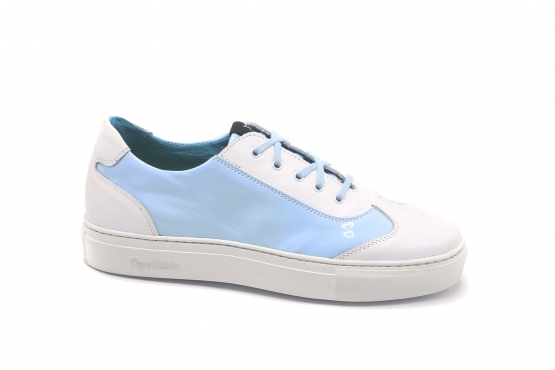 Natashia model sneakers, made of white nappa and sky blue patent leather