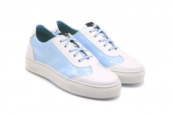 Natashia model sneakers, made of white nappa and sky blue patent leather