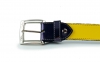 Piccadilly belt model, manufactured in lemon and purple patent leather.