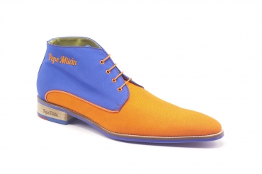 Zapato modelo Grape, fabricado en Lino Naranja & Milano Caribe - Napa Azul Milán