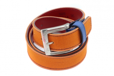 Tanger model belt, manufactured in Lino Naranja & Milano Caribe Vivos Azul