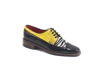 Zapato modelo Melman, fabricado en Charol Amarillo, Negro Cebra Negra y Blanca