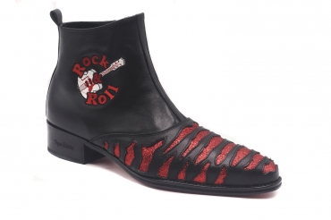 Bottines modèle Rock & Roll, fabriquées en Naoa Negra et rouge pailleté