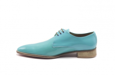 Maldives model shoe, made in Turquoise Metal Patent Leather