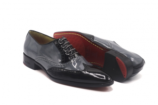 Zapato modelo Lord, Charol negro y Gris Plomo