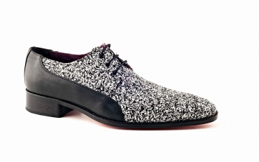 Zapato modelo Party, fabricación en glitter negro-blanco y napa negra