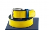 Dennise belt model, manufactured in lemon and blue milan patent leather.