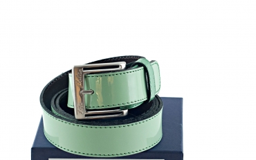 Aqua belt model, manufactured in menthol patent leather.