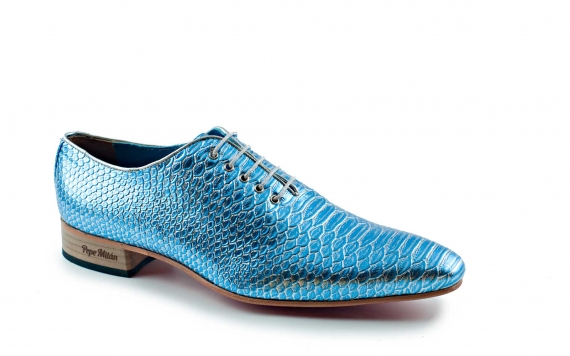 Hypnotist model shoe, manufactured in metal blue toga snake.