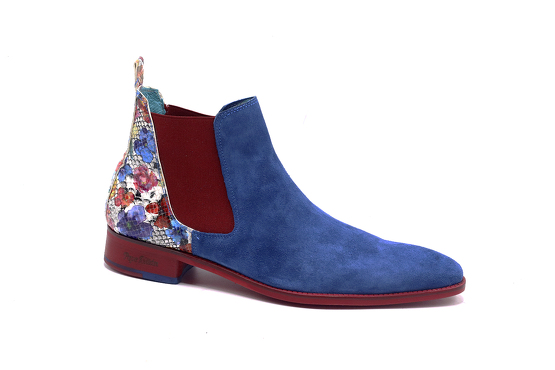 Men's ankle boot, MARCH model, made in milan blue suede, multi flowers