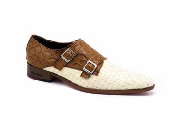 Zapato modelo Silene, fabricado en Anaconda Miel Trenzado Lino