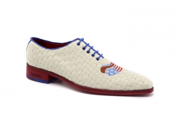 Zapato modelo Hot Dog, fabricado en LINO TRENZ CRUDO - BORDADO HOT DOG USA
