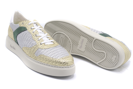 Sneaker modelo Hero, fabricado en Trenza Oro Trenza Plata Napa Blanca Rizas Verde