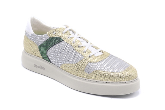 Sneaker modelo Hero, fabricado en Trenza Oro Trenza Plata Napa Blanca Rizas Verde