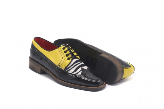 Zapato modelo Melman, fabricado en Charol Amarillo, Negro Cebra Negra y Blanca