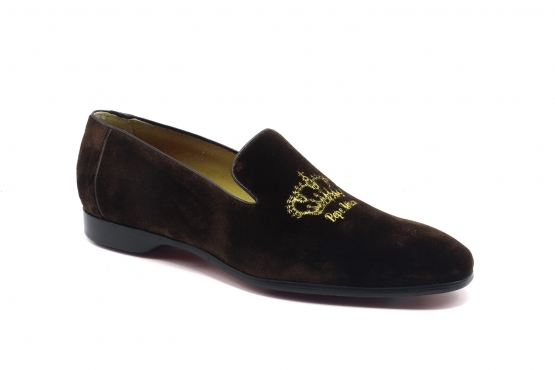 Dina model shoe, designed in Brown Velvet with Corona Pepe Milan Gold Embroidery, 