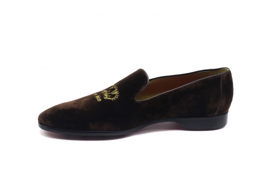 Dina model shoe, designed in Brown Velvet with Corona Pepe Milan Gold Embroidery, 