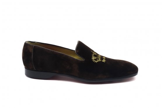 Dina model shoe, designed in Brown Velvet with Corona Pepe Milan Gold Embroidery, 