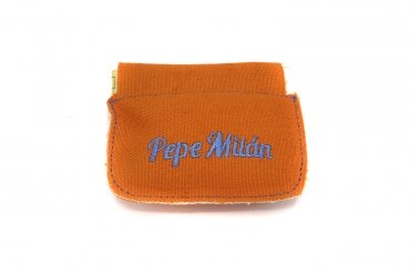 Monedero modelo Carrot, fabricado en Lino Naranja & Milano Caribe Vivos Azul